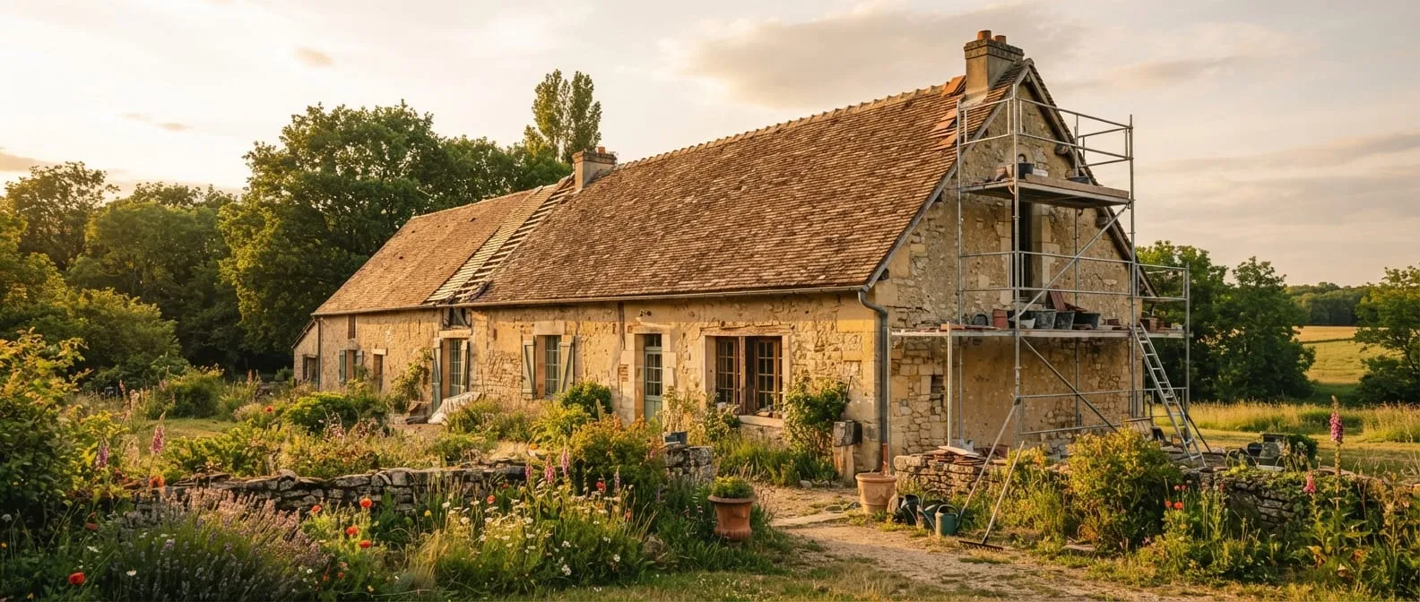 Longère en pierre calcaire du Loiret en cours de rénovation, échafaudage sur le pignon